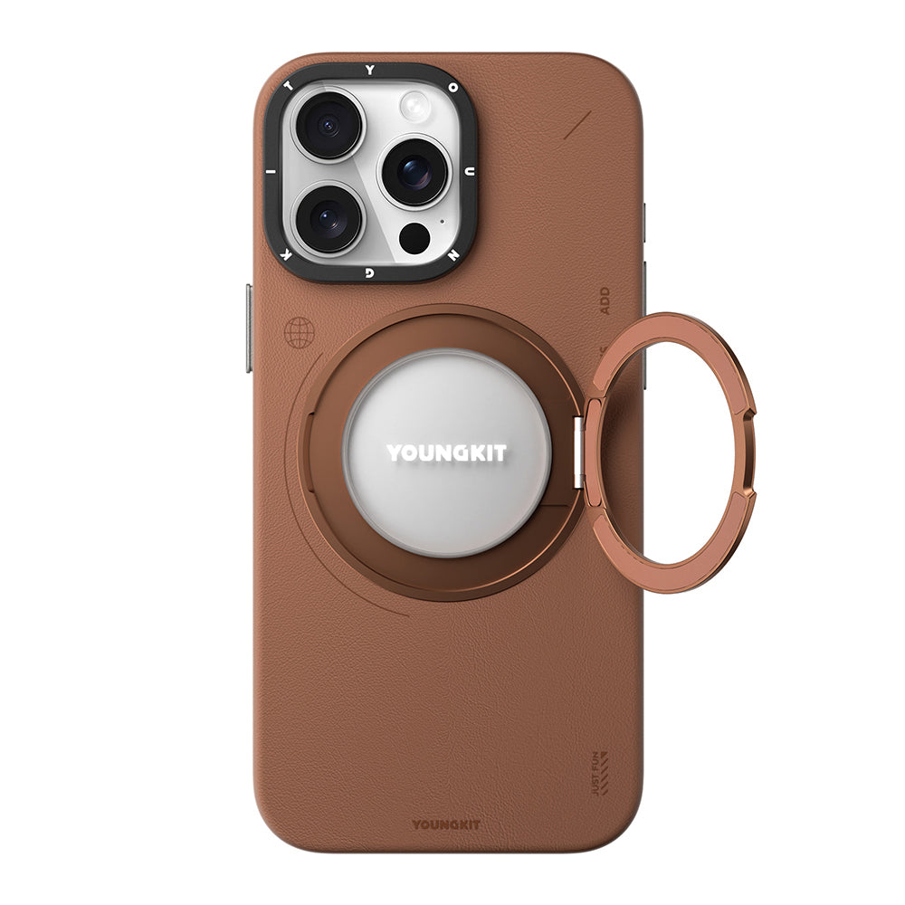 Apple iPhone 15 Pro Kılıf Magsafe Şarj Özellikli 360° Standlı Basit Mat Deri Desenli Youngkit Tech Leather Serisi Kapak Gri