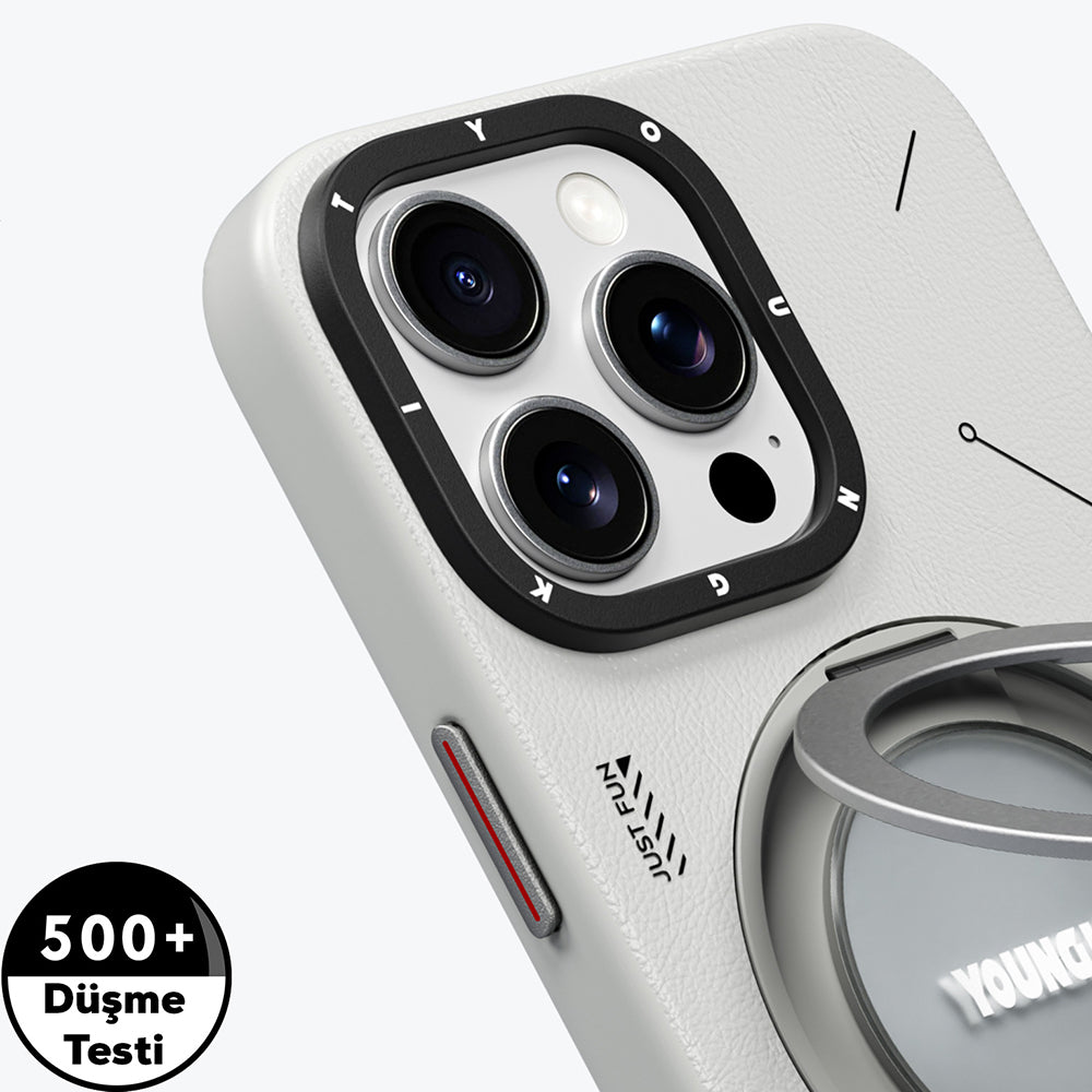 Apple iPhone 15 Pro Kılıf Magsafe Şarj Özellikli 360° Standlı Basit Mat Deri Desenli Youngkit Tech Leather Serisi Kapak Gri