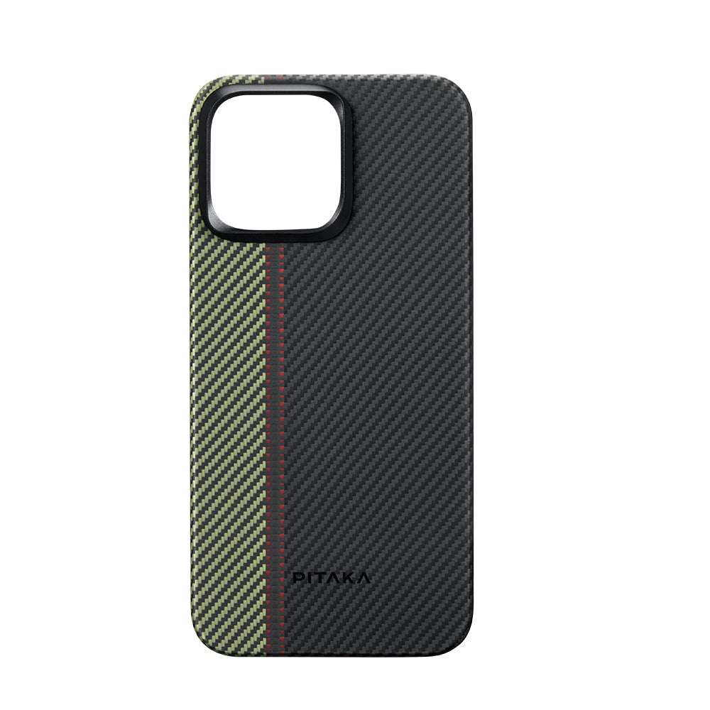 Apple iPhone 15 Pro Kılıf Magsafe Şarj Özellikli 600D Aramid Fiber Pitaka Tactile Woven Orchestra Serisi Overture Kapak Siyah-Yeşil