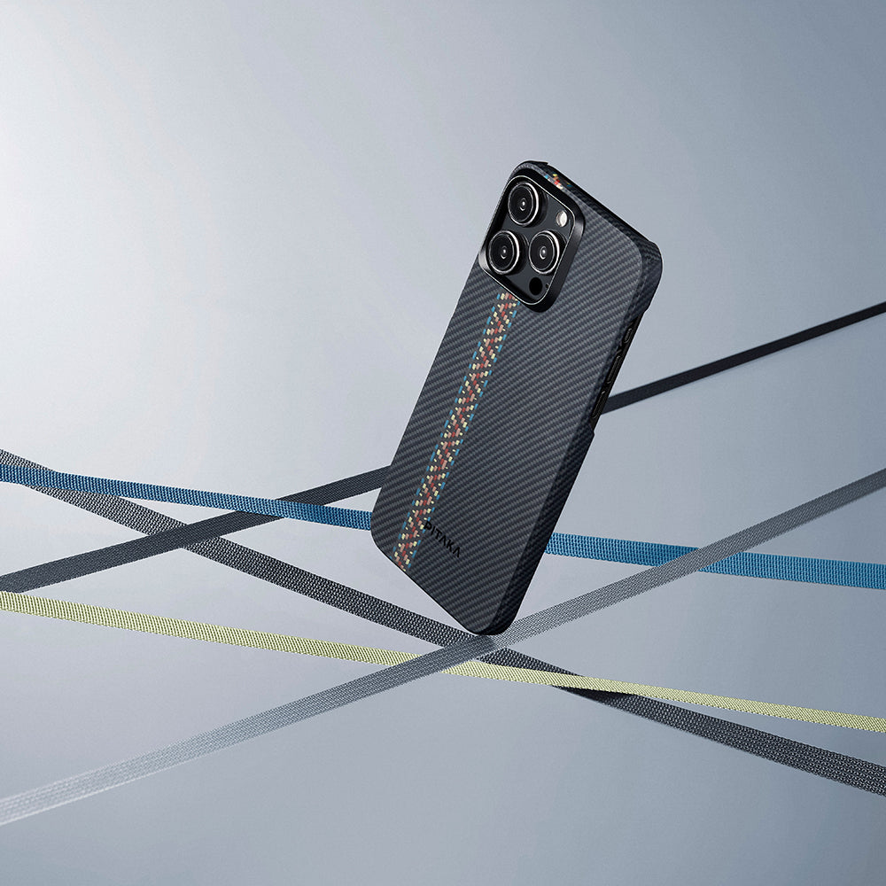Apple iPhone 15 Pro Kılıf Magsafe Şarj Özellikli 600D Aramid Fiber Pitaka Tactile Woven Orchestra Serisi Rhapsody Kapak Siyah