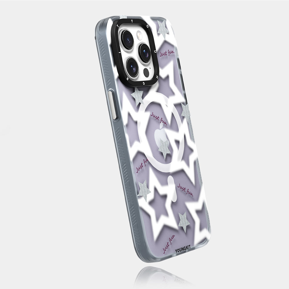 Apple iPhone 15 Pro Kılıf Magsafe Şarj Özellikli Airbagli Çift Katmanlı Youngkit Star&Butterfly Serisi Kapak Mavi