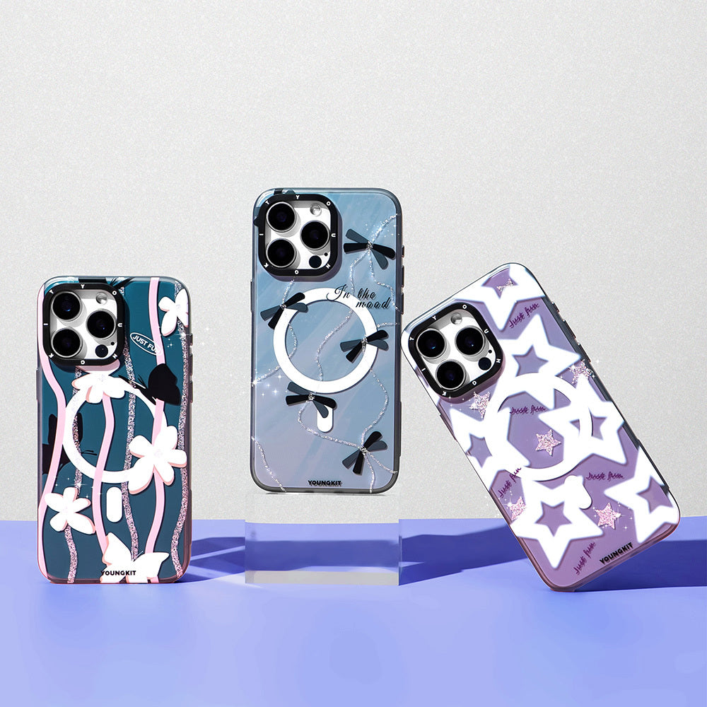 Apple iPhone 15 Pro Kılıf Magsafe Şarj Özellikli Airbagli Çift Katmanlı Youngkit Star&Butterfly Serisi Kapak Mavi