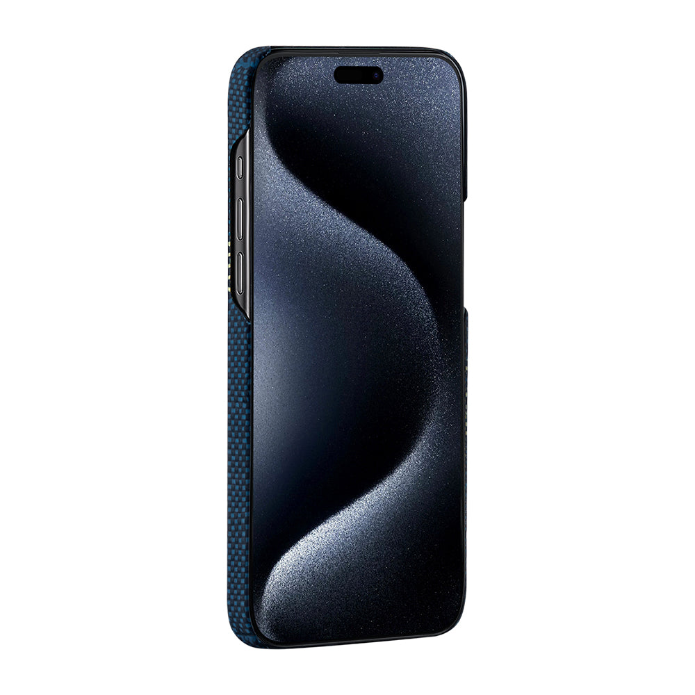 Apple iPhone 15 Pro Kılıf Magsafe Şarj Özellikli Aramid Fiber Pitaka Tactile Woven Starpeak Serisi Over The Horizon Kapak Mavi