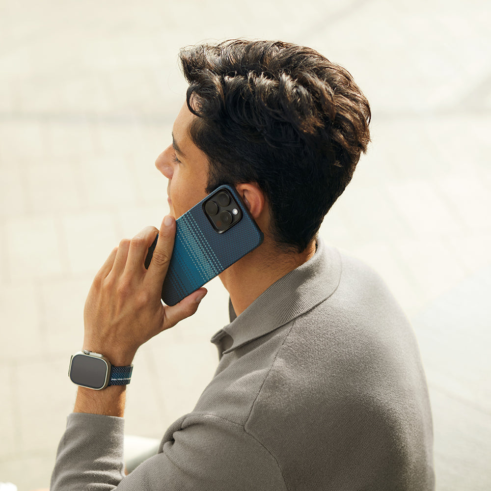 Apple iPhone 15 Pro Kılıf Magsafe Şarj Özellikli Aramid Fiber Pitaka Tactile Woven Sunset-Moonrise Serisi Moonrise Kapak Mavi