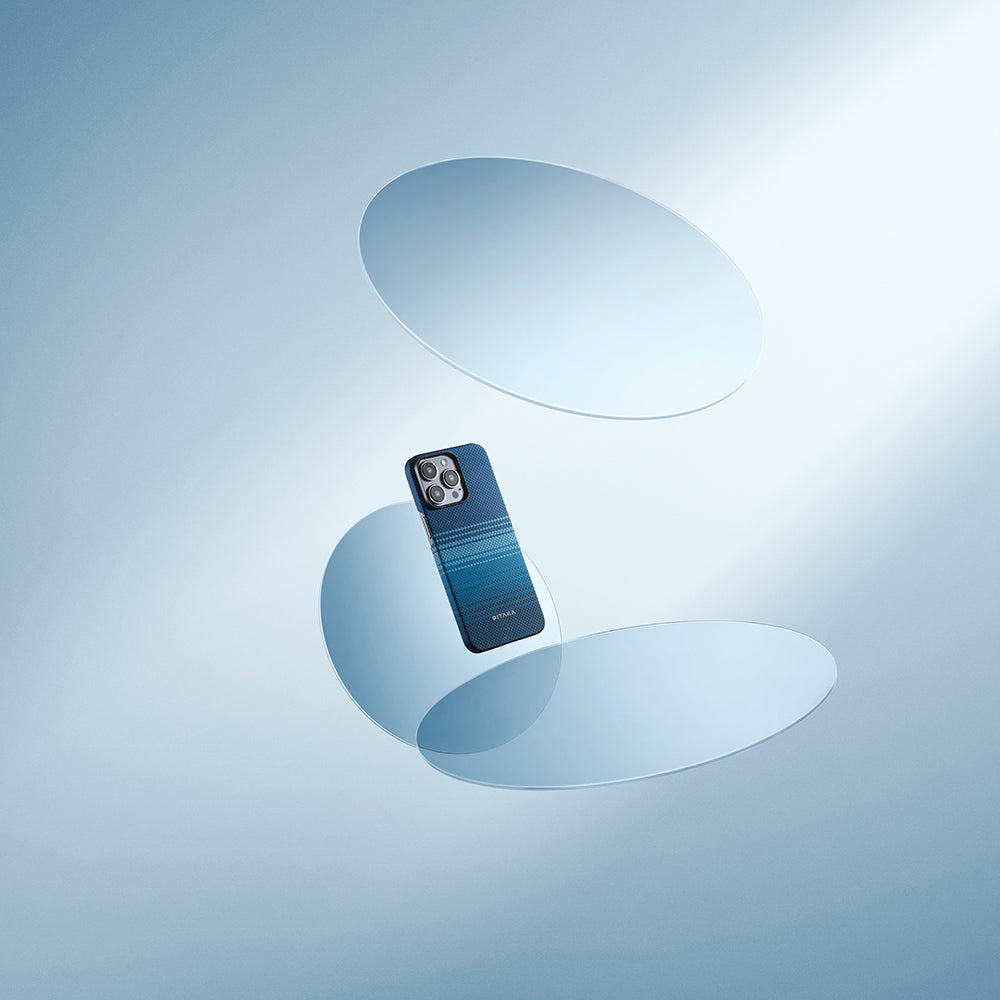 Apple iPhone 15 Pro Kılıf Magsafe Şarj Özellikli Aramid Fiber Pitaka Tactile Woven Sunset-Moonrise Serisi Moonrise Kapak Mavi