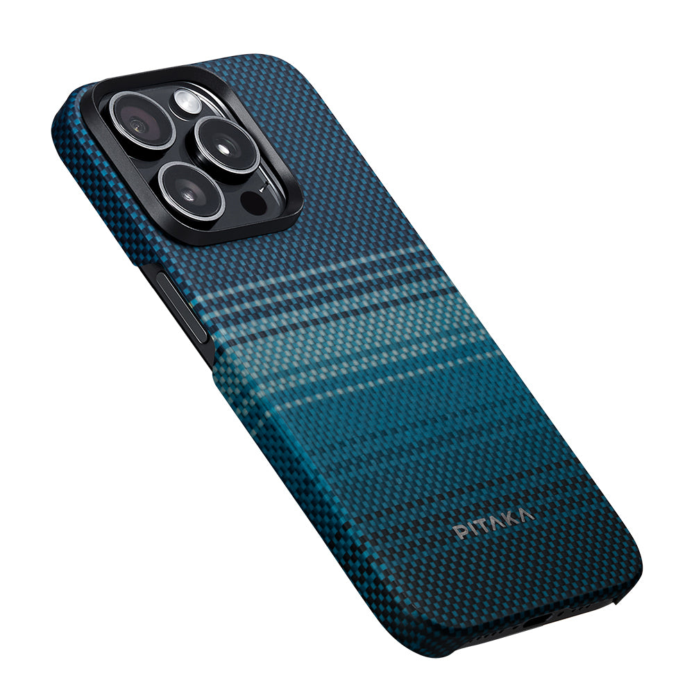 Apple iPhone 15 Pro Kılıf Magsafe Şarj Özellikli Aramid Fiber Pitaka Tactile Woven Sunset-Moonrise Serisi Moonrise Kapak Mavi