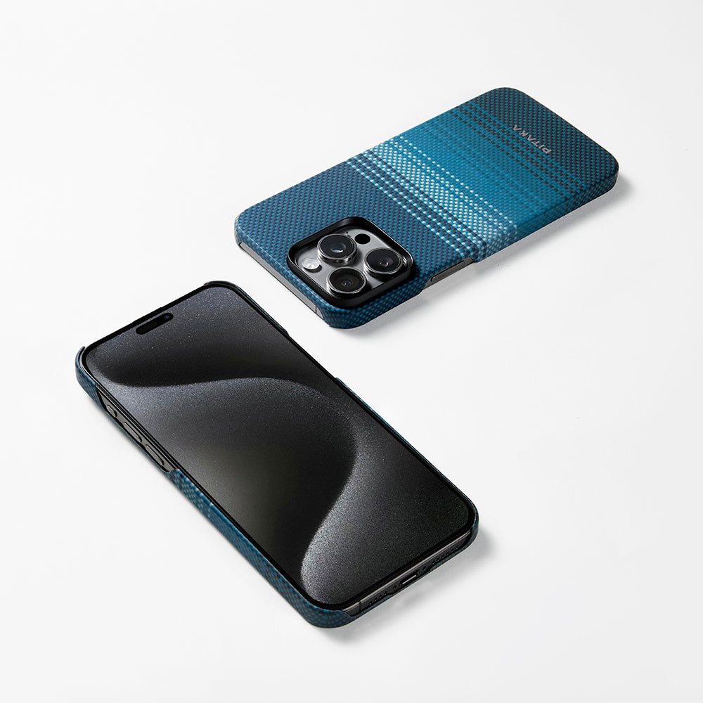 Apple iPhone 15 Pro Kılıf Magsafe Şarj Özellikli Aramid Fiber Pitaka Tactile Woven Sunset-Moonrise Serisi Moonrise Kapak Mavi