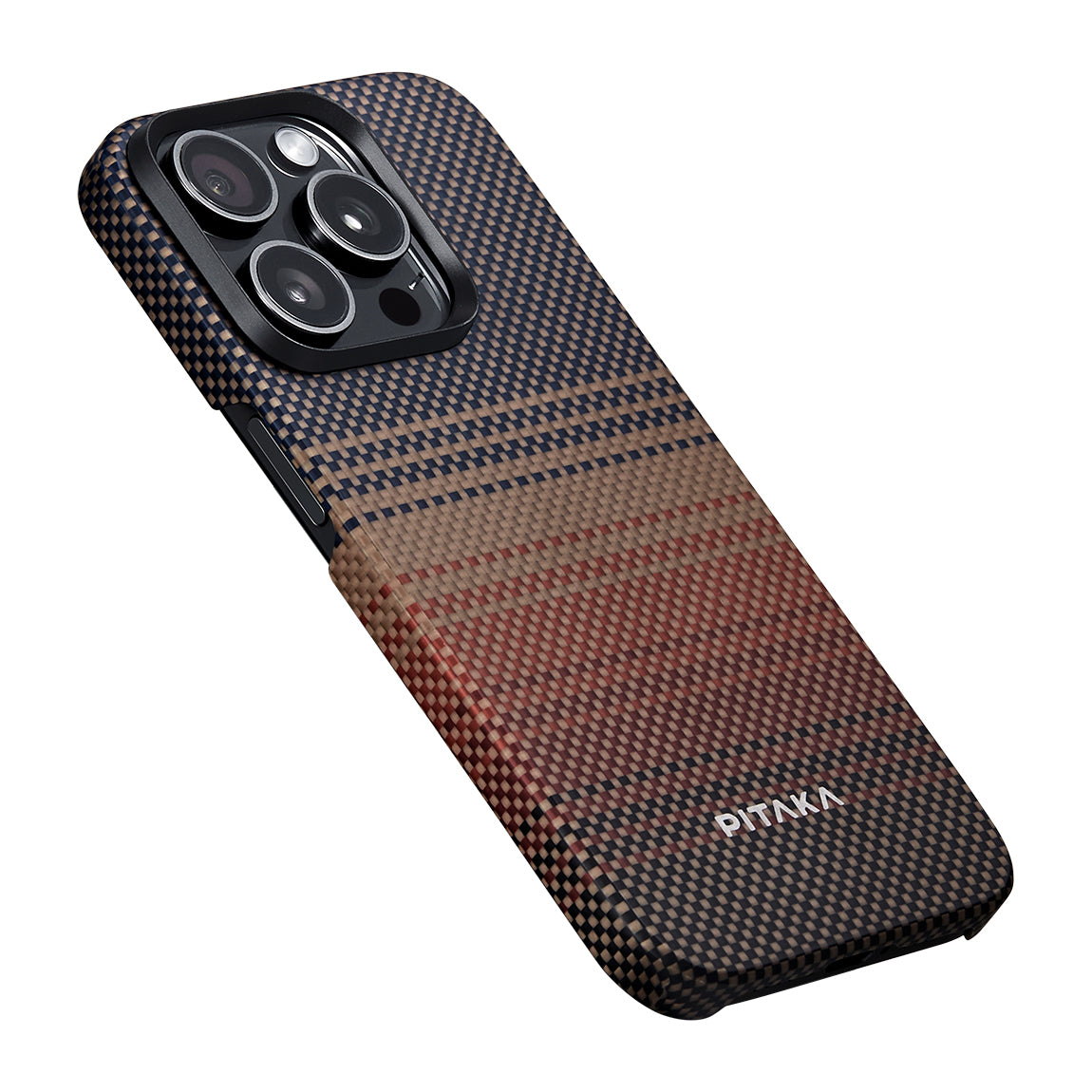 Apple iPhone 15 Pro Kılıf Magsafe Şarj Özellikli Aramid Fiber Pitaka Tactile Woven Sunset-Moonrise Serisi Sunset Kapak Kahverengi