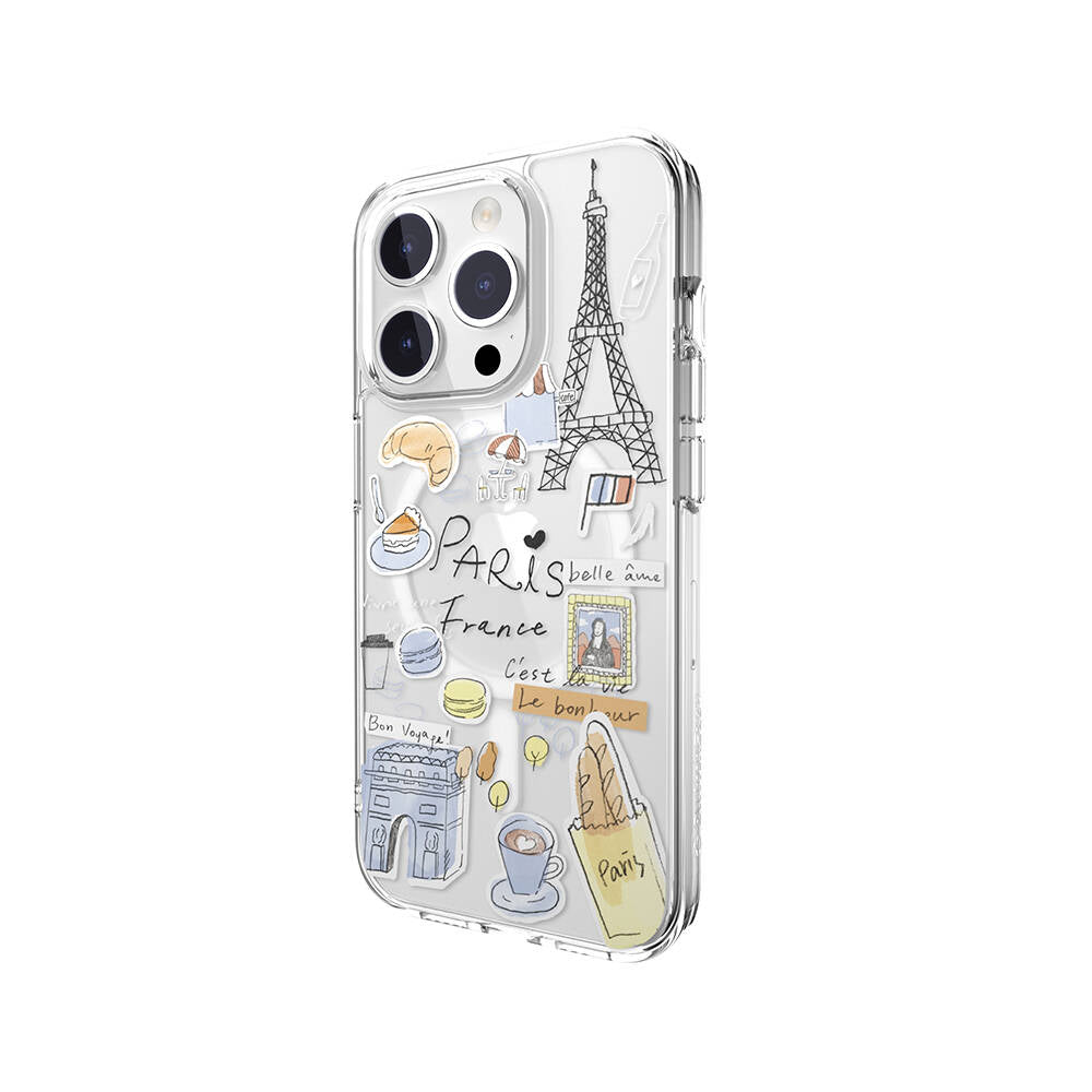 Apple iPhone 15 Pro Kılıf Magsafe Şarj Özellikli Çizim Desenli Şok Önleyicili Şeffaf Lisanslı Switcheasy City-M Paris Kapak Renksiz