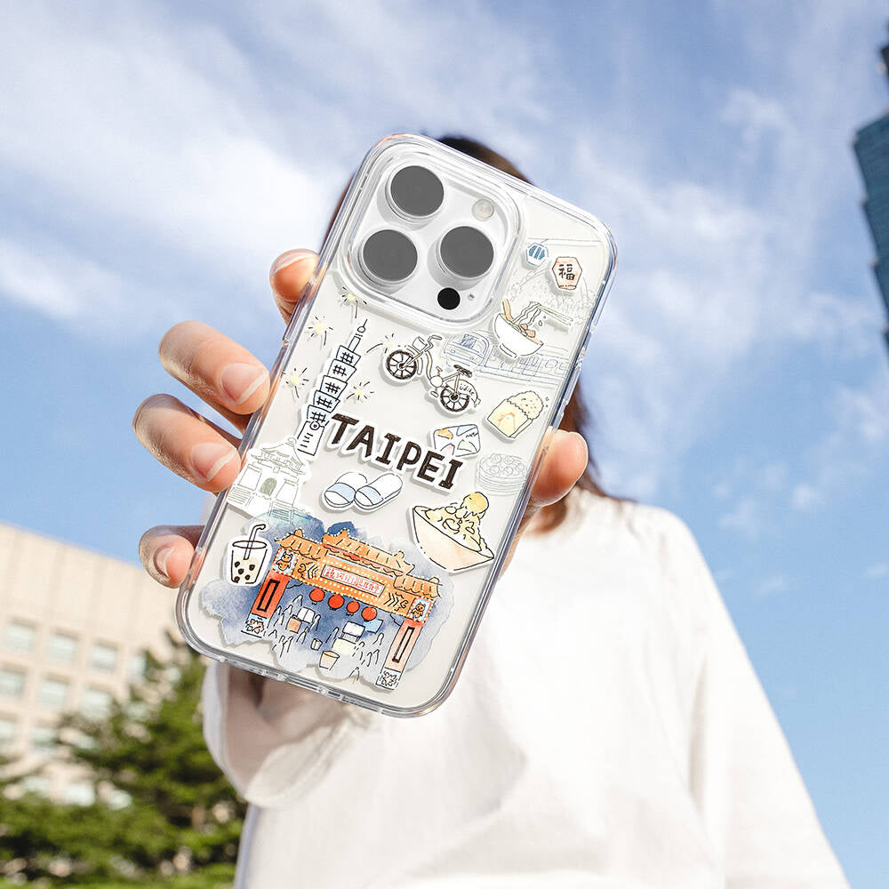 Apple iPhone 15 Pro Kılıf Magsafe Şarj Özellikli Çizim Desenli Şok Önleyicili Şeffaf Lisanslı Switcheasy City-M Taipei Kapak Renksiz