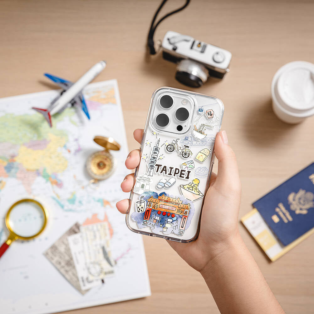 Apple iPhone 15 Pro Kılıf Magsafe Şarj Özellikli Çizim Desenli Şok Önleyicili Şeffaf Lisanslı Switcheasy City-M Taipei Kapak Renksiz