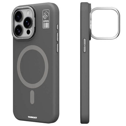 Apple iPhone 15 Pro Kılıf Magsafe Şarj Özellikli Kamera Standlı Youngkit Bitty Cream Kapak Gri