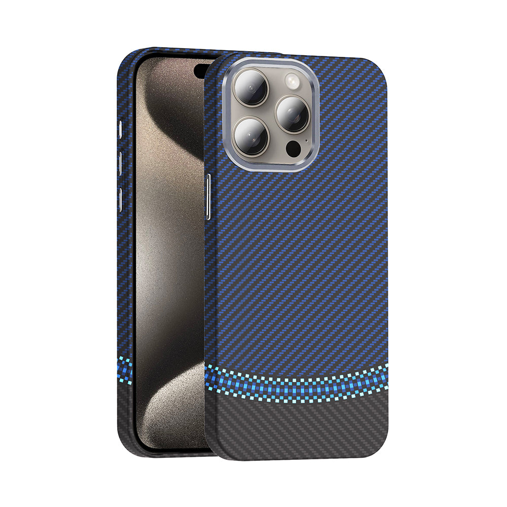 Apple iPhone 15 Pro Kılıf M-safe Şarj Özellikli Karbon Fiber Görünümlü Zore Gros Kapak Siyah-Lacivert