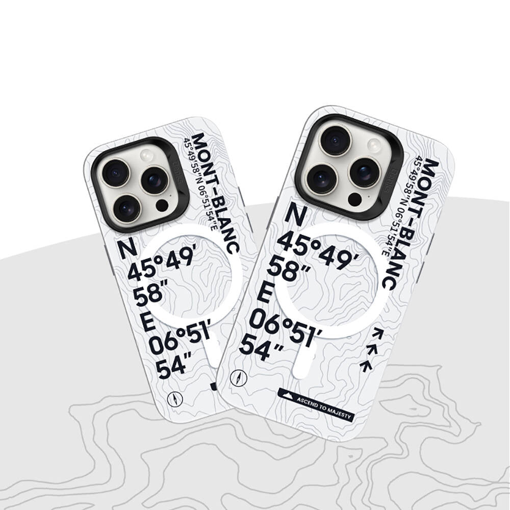 Apple iPhone 15 Pro Kılıf Magsafe Şarj Özellikli Koordinat Yazı Desenli Benks Summit Serisi Kapak Beyaz