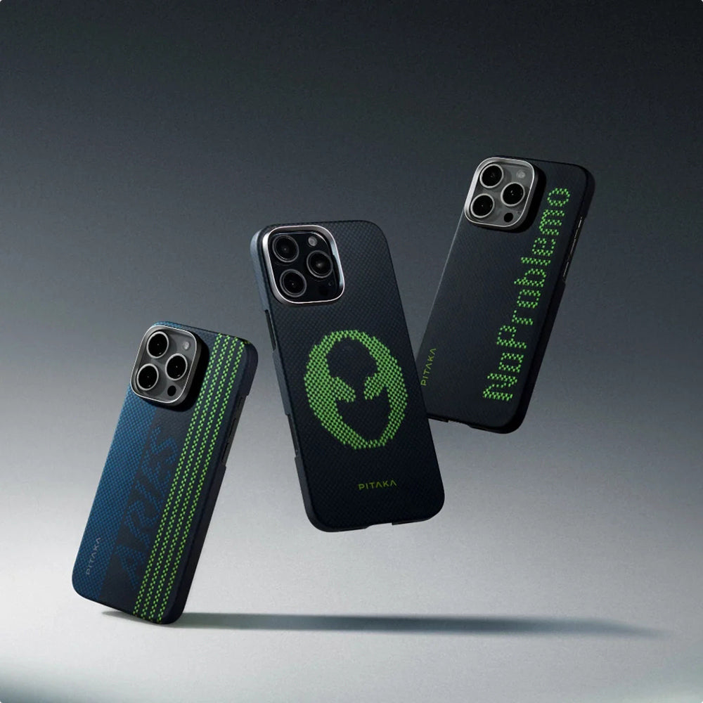 Apple iPhone 15 Pro Kılıf Magsafe Şarj Özellikli Lumintex Teknolojili Fosforlu Aramid Fiber Pitaka Tactile Woven Aries Serisi Kapak Siyah-Mavi