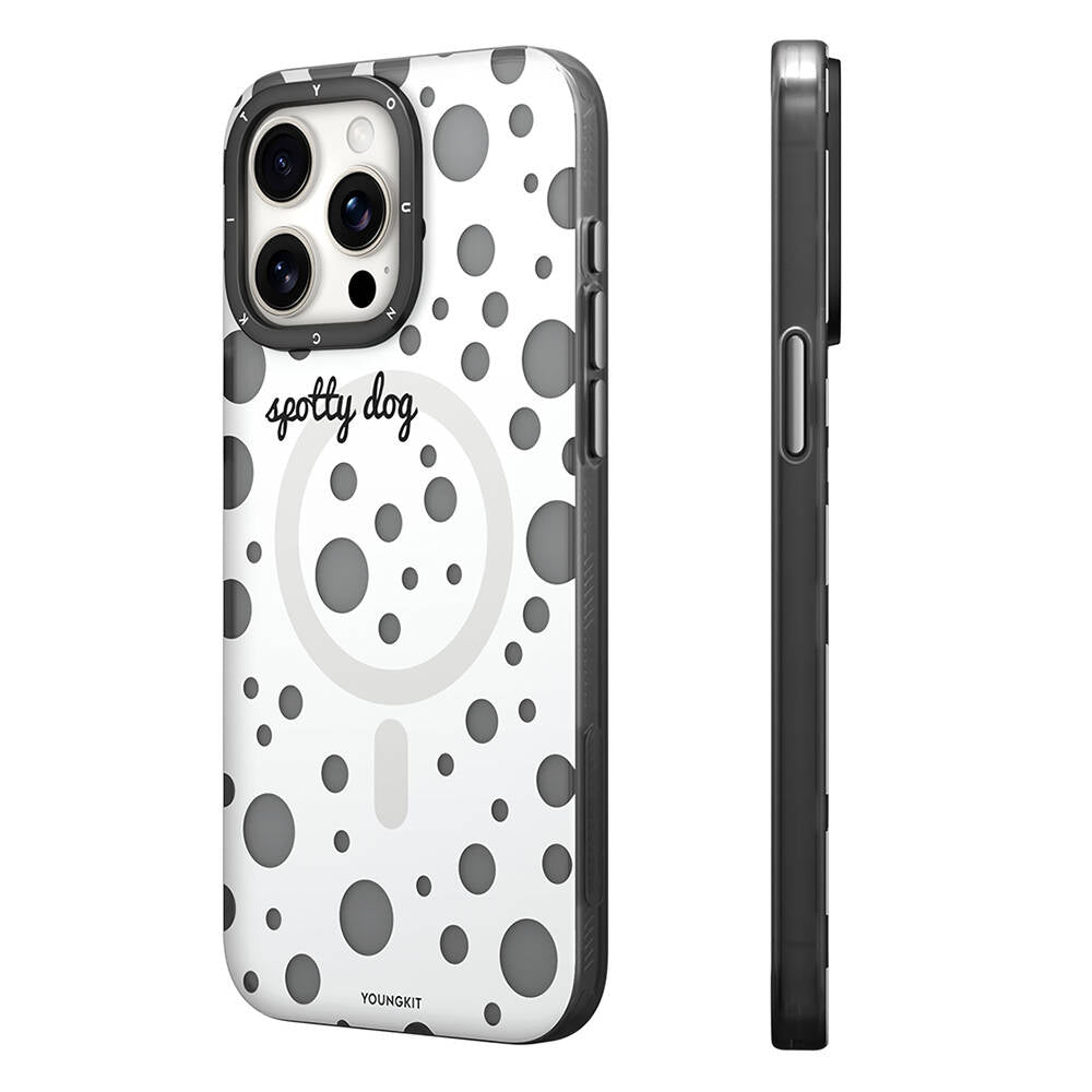 Apple iPhone 15 Pro Kılıf Magsafe Şarj Özellikli Polka Dot Desenli Youngkit Spots Serisi Kapak Beyaz