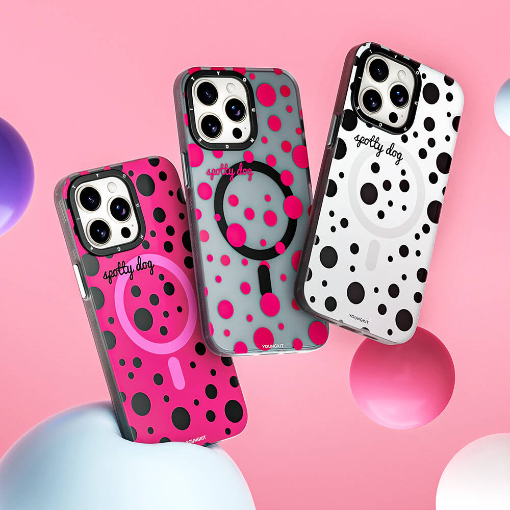 Apple iPhone 15 Pro Kılıf Magsafe Şarj Özellikli Polka Dot Desenli Youngkit Spots Serisi Kapak Gri