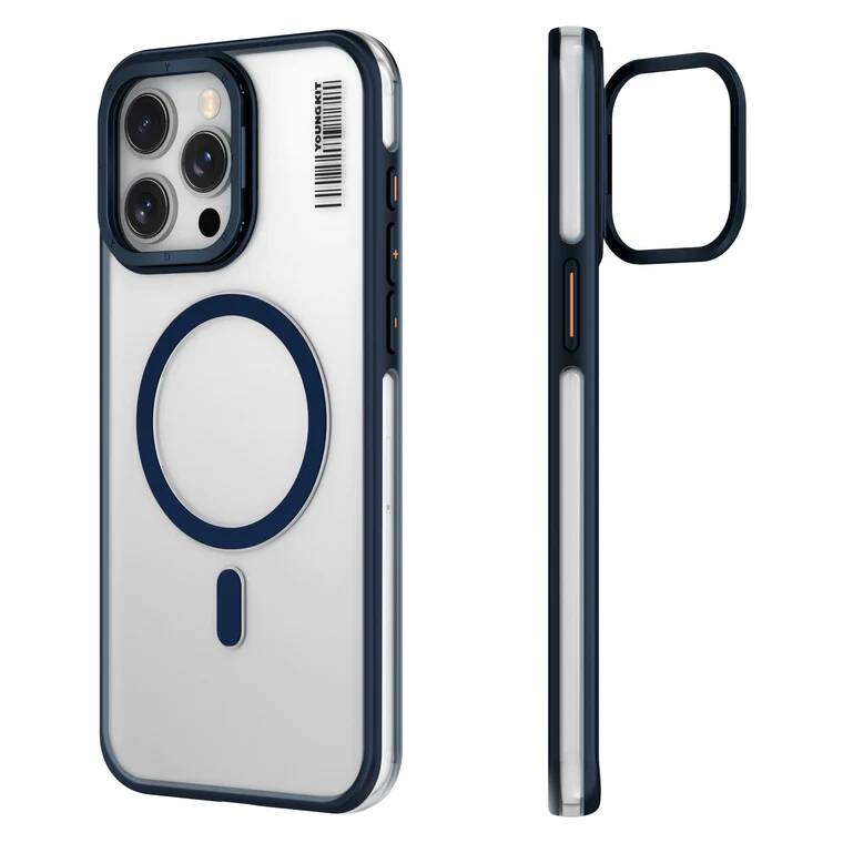 Apple iPhone 15 Pro Kılıf Magsafe Şarj Özellikli Sararma Önleyici Youngkit Crystal Grid Kapak Mavi