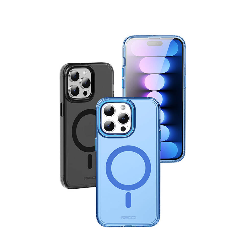 Apple iPhone 15 Pro Kılıf Magsafe Şarj Özellikli Saydam Arka Yüzey Recci Crystal Color Serisi Kapak Mavi