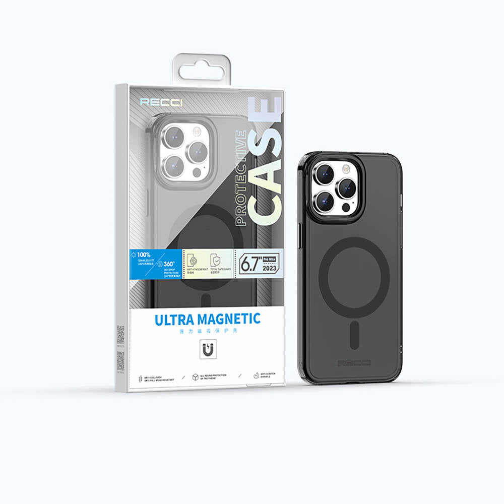 Apple iPhone 15 Pro Kılıf Magsafe Şarj Özellikli Saydam Arka Yüzey Recci Crystal Color Serisi Kapak Mavi