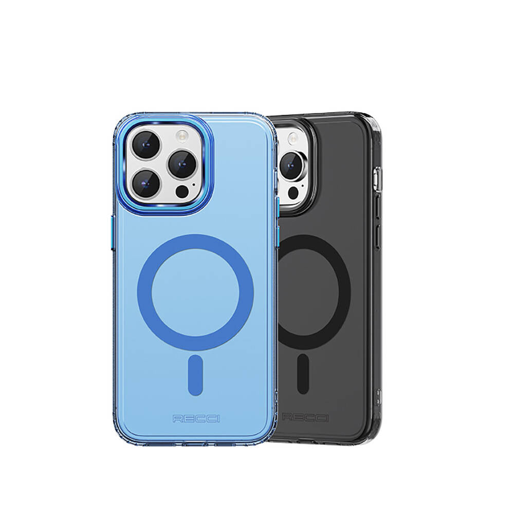 Apple iPhone 15 Pro Kılıf Magsafe Şarj Özellikli Saydam Arka Yüzey Recci Crystal Color Serisi Kapak Mavi