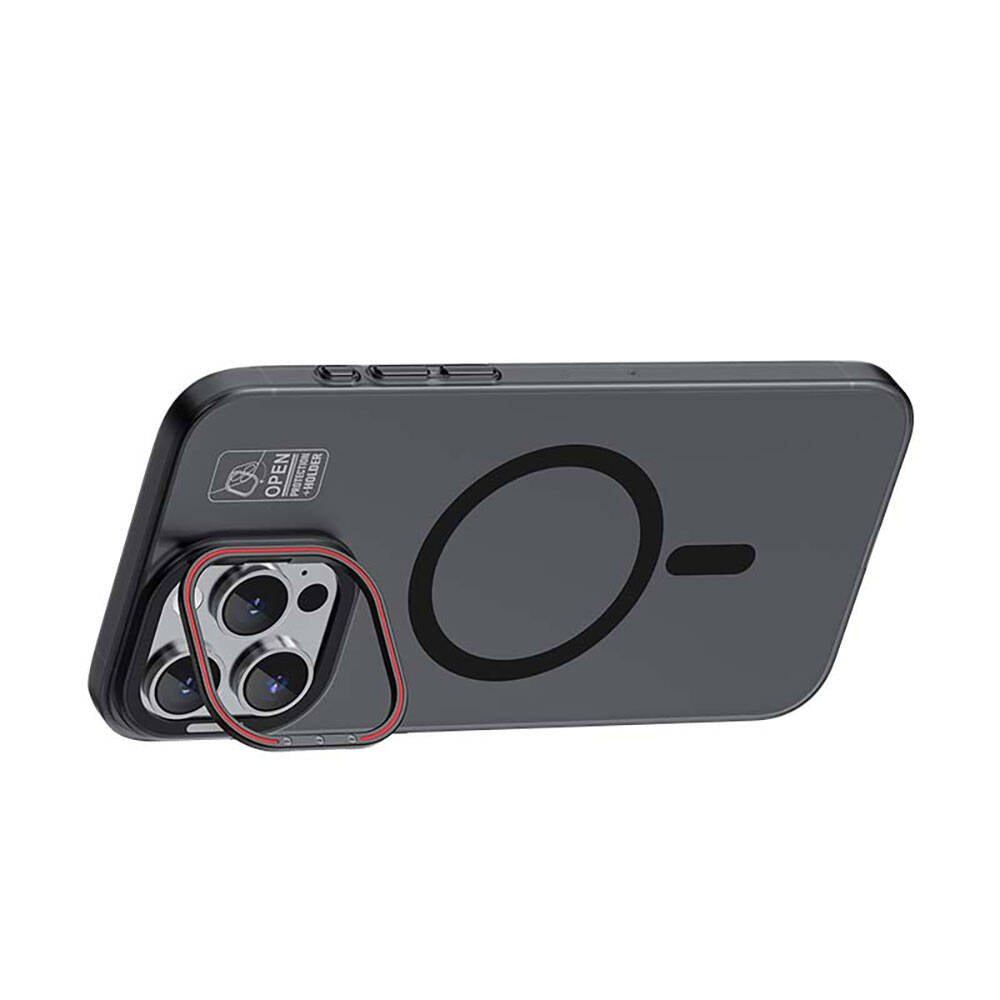 Apple iPhone 15 Pro Kılıf Magsafe Şarj Özellikli Standlı Metal Kamera Çerçeveli Mat Recci Glaze Serisi Kapak Beyaz