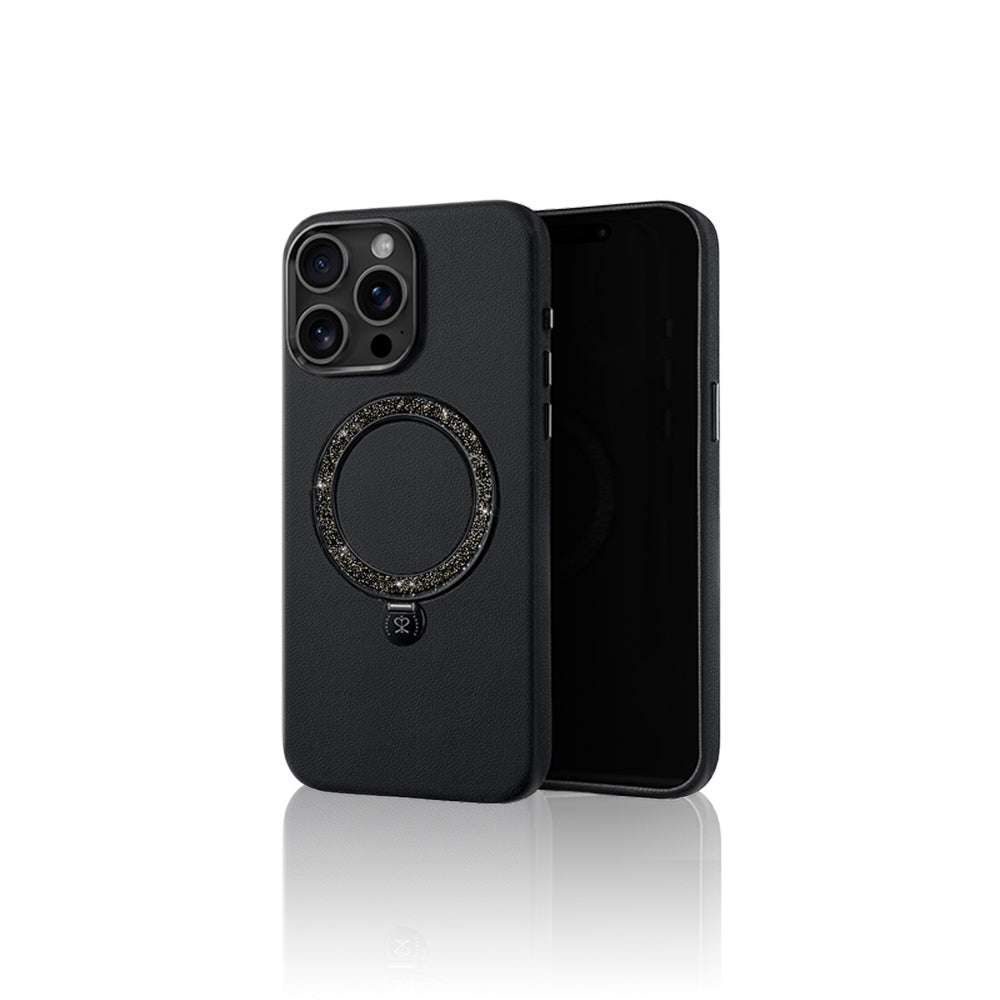 Apple iPhone 15 Pro Kılıf M-safe Şarj Özellikli Standlı Suni Deri Tasarımlı Pynana Dancing Circle Serisi Kapak Lila