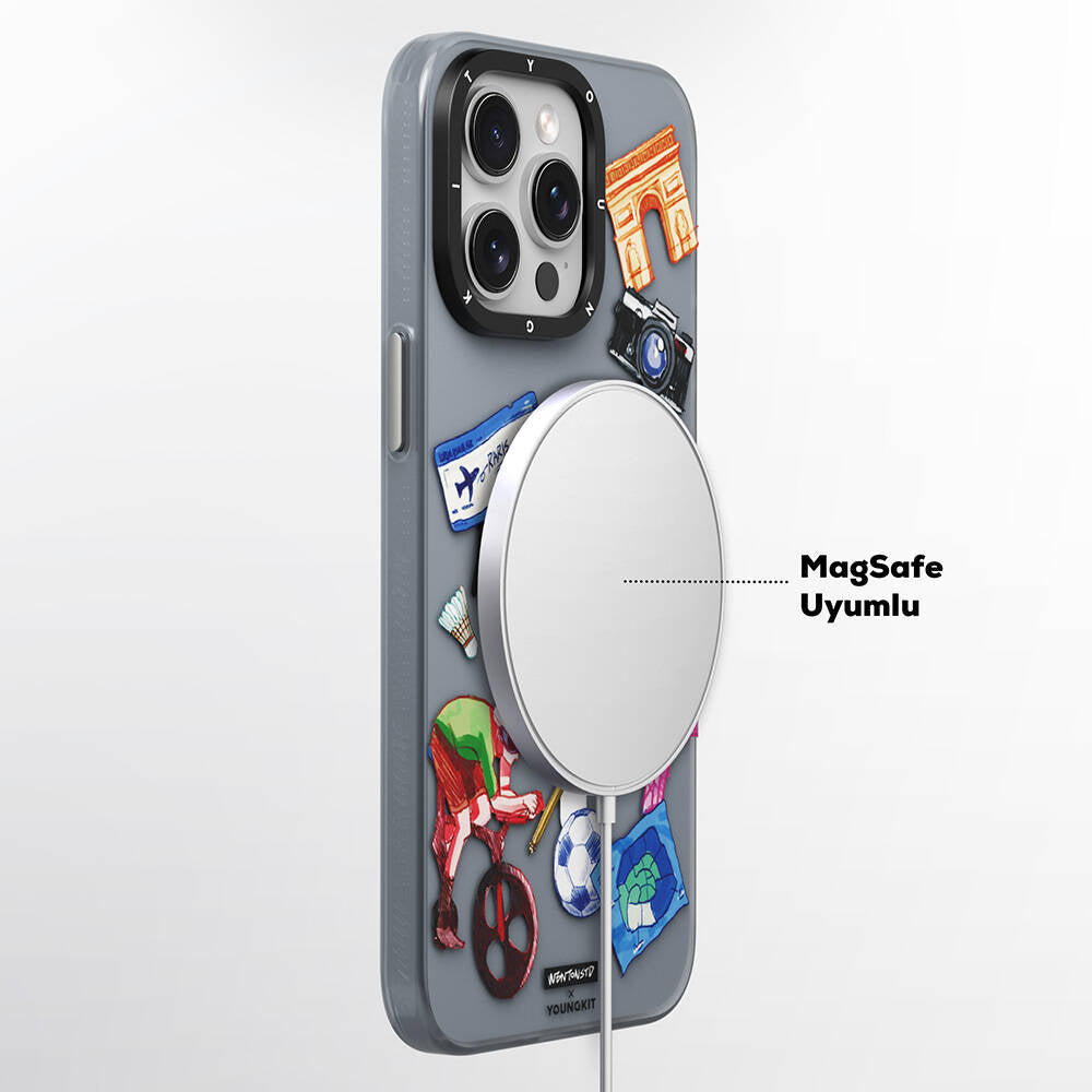 Apple iPhone 15 Pro Kılıf Magsafe Şarj Özellikli Youngkit in Paris Serisi Kapak Gri