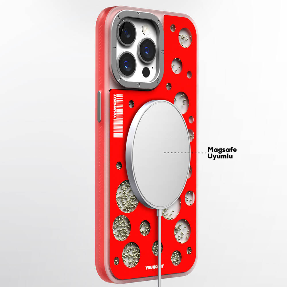 Apple iPhone 15 Pro Kılıf Magsafe Şarj Özellikli Youngkit Quicksand Beads Serisi Kapak Siyah