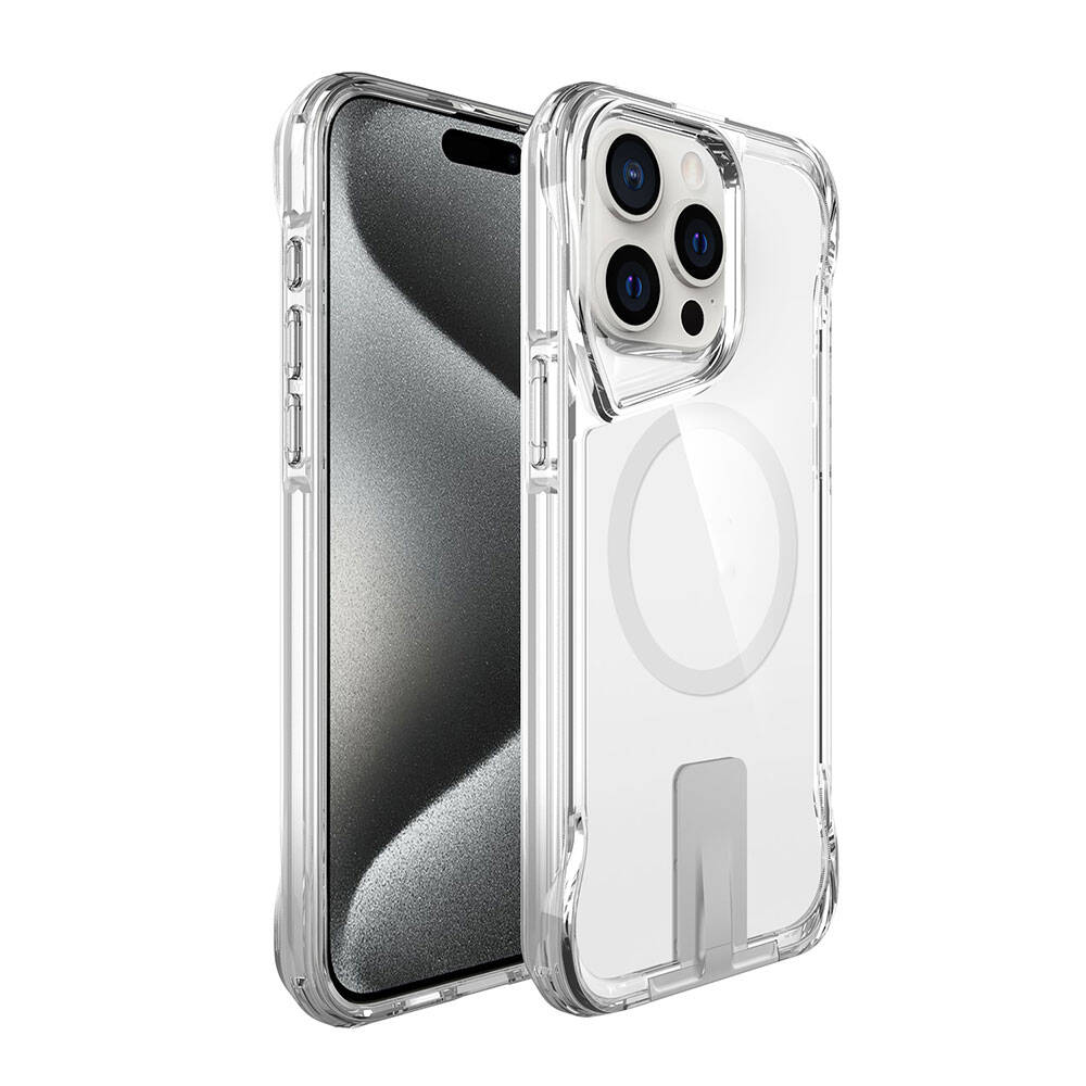 Apple iPhone 15 Pro Kılıf M-safe Şarj Özellikli Zore T-Max Standlı Kapak Renksiz