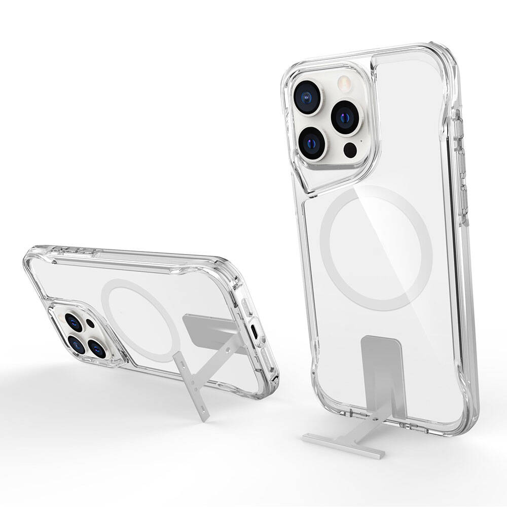 Apple iPhone 15 Pro Kılıf M-safe Şarj Özellikli Zore T-Max Standlı Kapak Renksiz