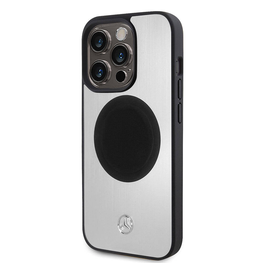 Apple iPhone 15 Pro Kılıf Mercedes Benz Orjinal Lisanslı Magsafe Şarj Özellikli Alüminyum Arka Yüzey Metal Yıldız Logolu Kapak Gümüş