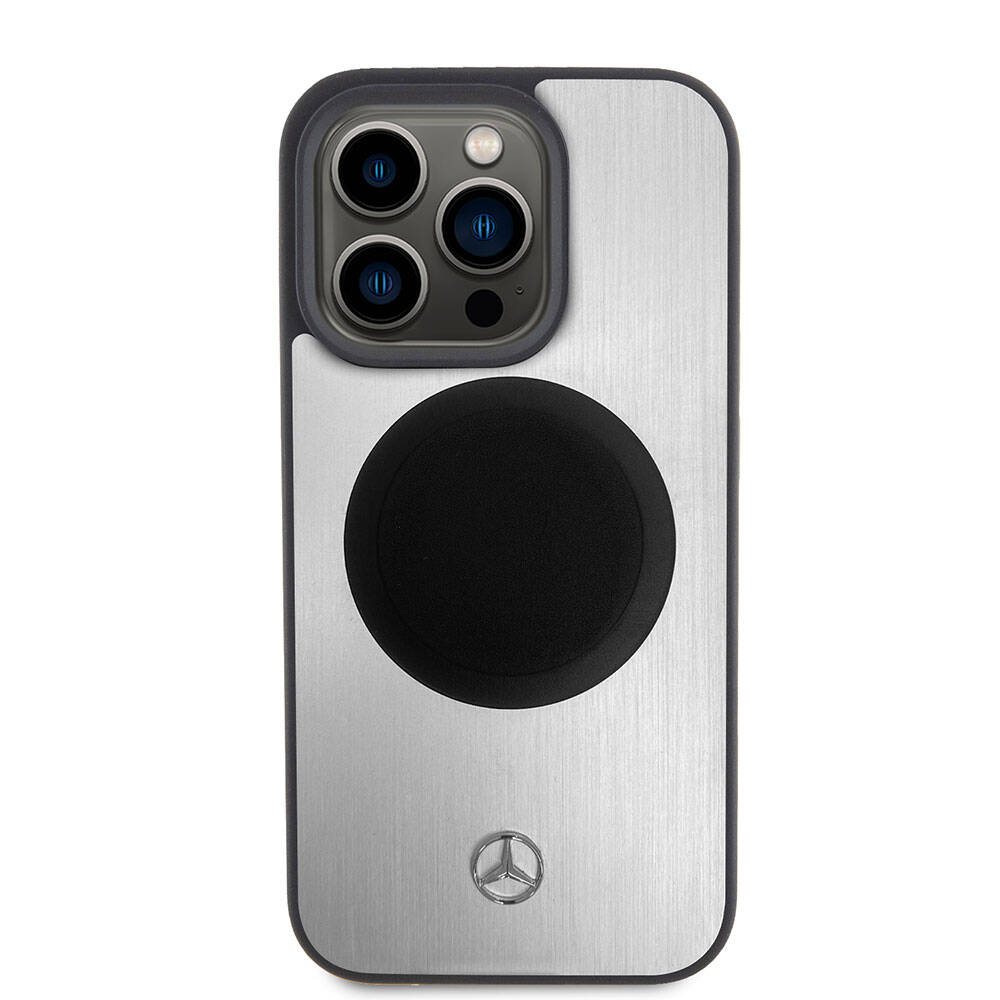 Apple iPhone 15 Pro Kılıf Mercedes Benz Orjinal Lisanslı Magsafe Şarj Özellikli Alüminyum Arka Yüzey Metal Yıldız Logolu Kapak Gümüş