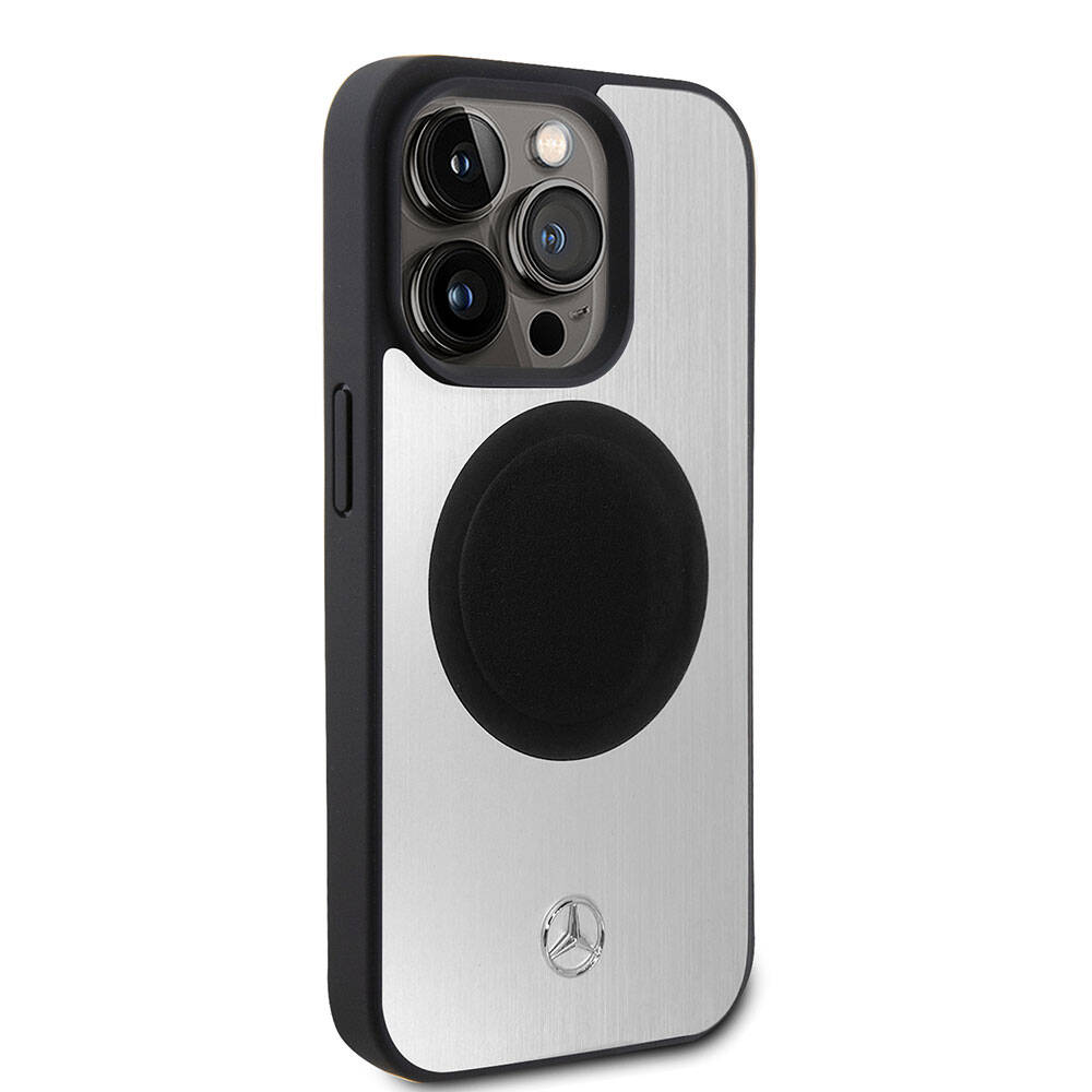 Apple iPhone 15 Pro Kılıf Mercedes Benz Orjinal Lisanslı Magsafe Şarj Özellikli Alüminyum Arka Yüzey Metal Yıldız Logolu Kapak Gümüş