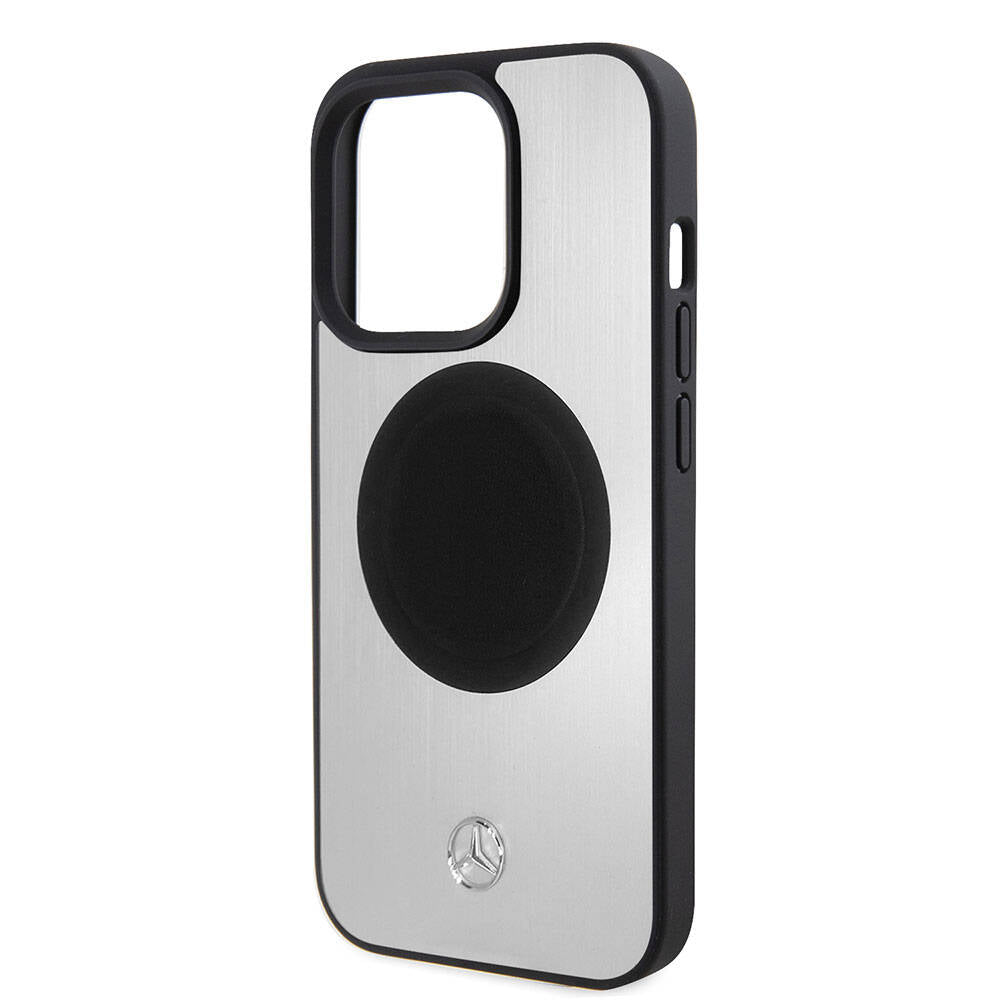 Apple iPhone 15 Pro Kılıf Mercedes Benz Orjinal Lisanslı Magsafe Şarj Özellikli Alüminyum Arka Yüzey Metal Yıldız Logolu Kapak Gümüş