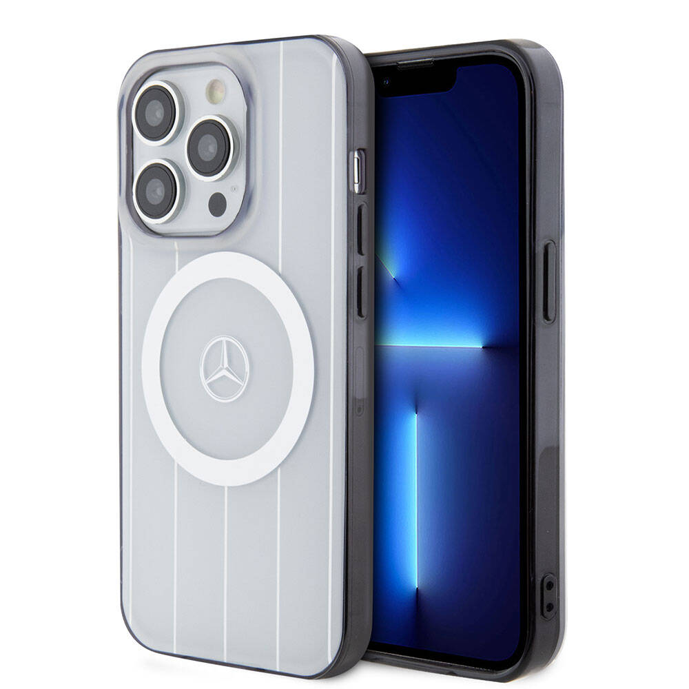 Apple iPhone 15 Pro Kılıf Mercedes Benz Orjinal Lisanslı Magsafe Şarj Özellikli Çift Katmanlı Paralel Çizgi Desenli Kapak Siyah