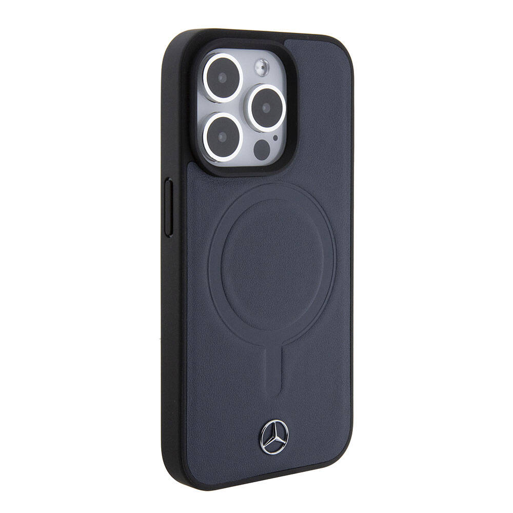 Apple iPhone 15 Pro Kılıf Mercedes Benz Orjinal Lisanslı Magsafe Şarj Özellikli Metal Yıldız Logolu Pürüzsüz Deri Kapak Lacivert