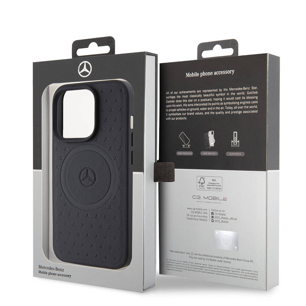 Apple iPhone 15 Pro Kılıf Mercedes Benz Orjinal Lisanslı Magsafe Şarj Özellikli Mühürlü Yıldız Desenli ve Logolu Deri Kapak Siyah