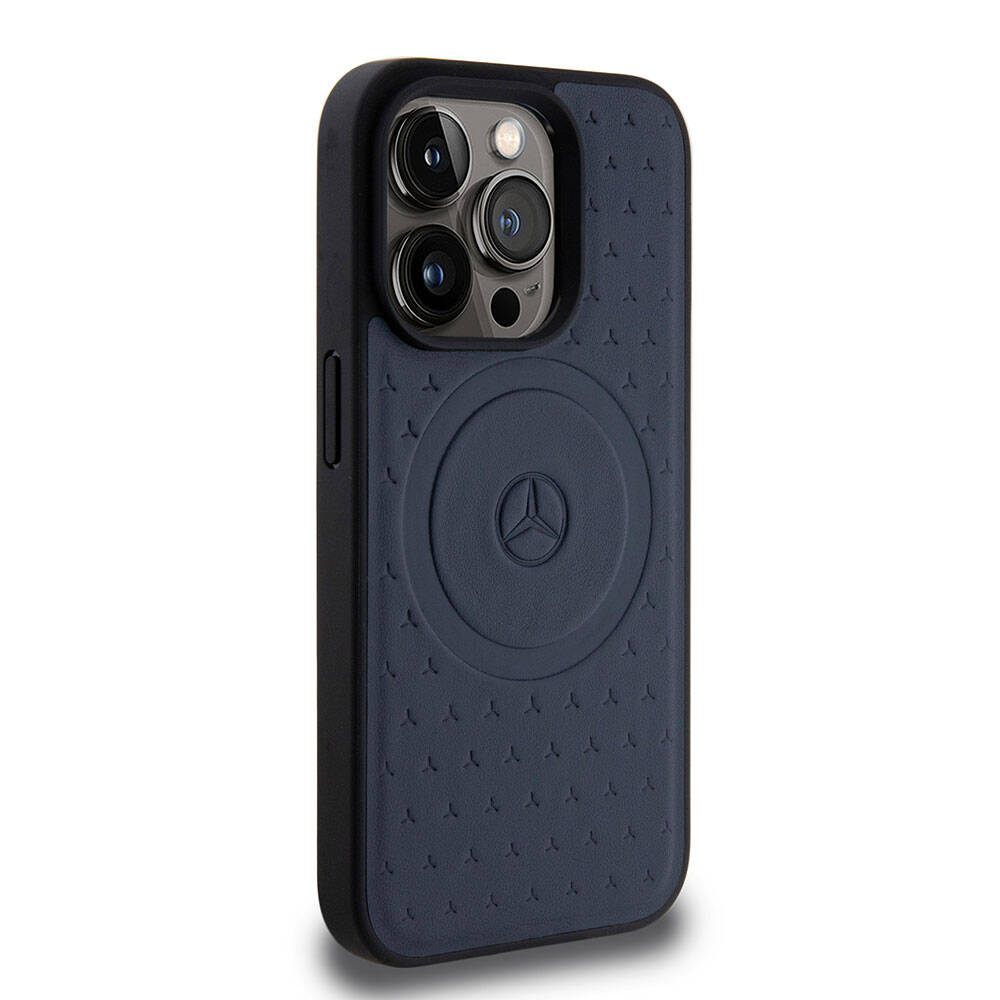 Apple iPhone 15 Pro Kılıf Mercedes Benz Orjinal Lisanslı Magsafe Şarj Özellikli Mühürlü Yıldız Desenli ve Logolu Deri Kapak Siyah