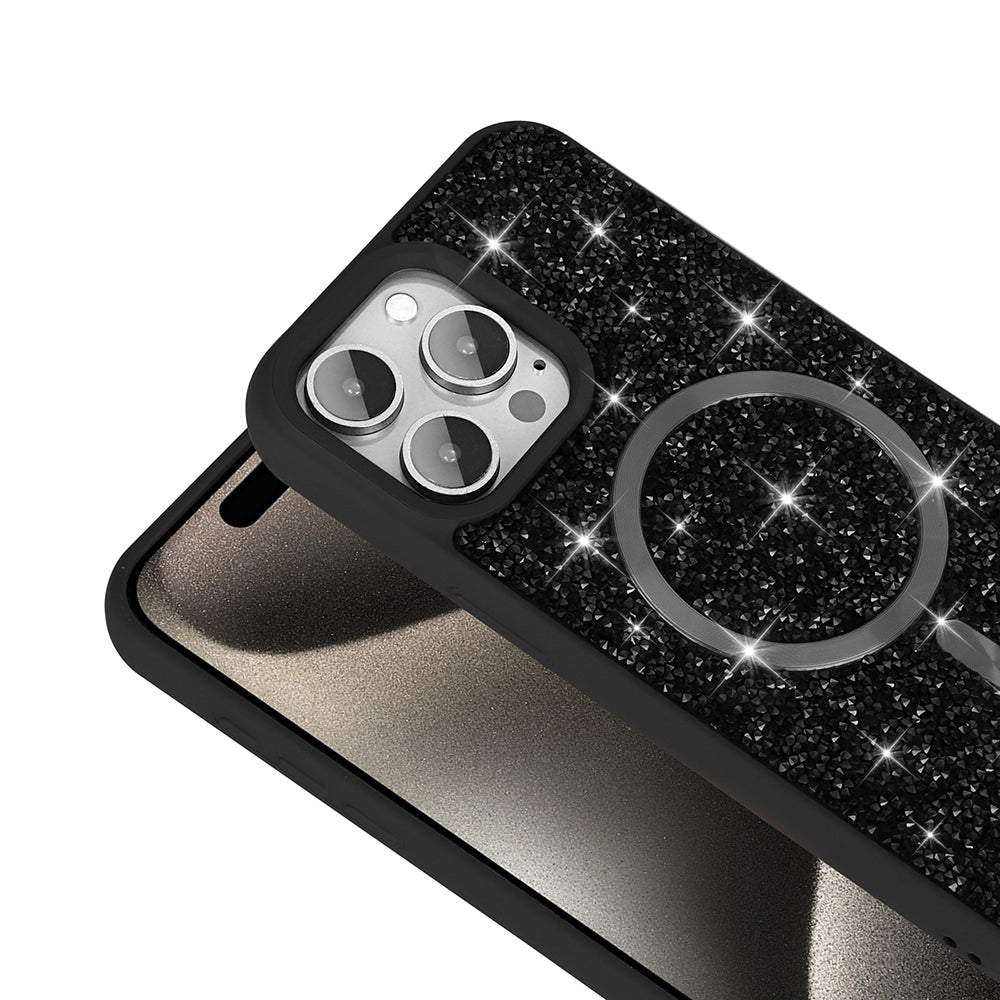 Apple iPhone 15 Pro Kılıf Pırlanta Tasarımlı M-safe Şarj Özellikli Zore Mozaik Silikon Kapak Titanyum-Gri