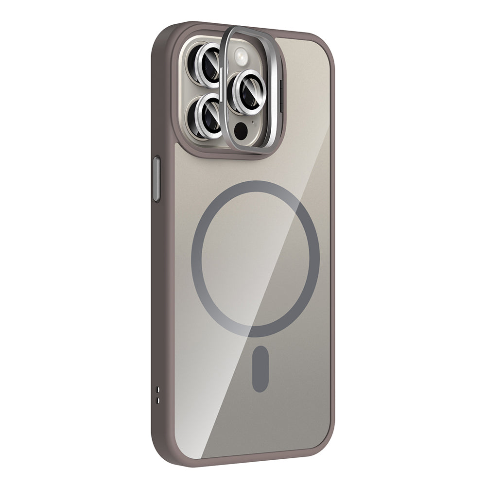 Apple iPhone 15 Pro Kılıf Standlı ve Kamera Lens Hediyeli M-Safe Şarj Özellikli Zore Etro Kapak Pembe