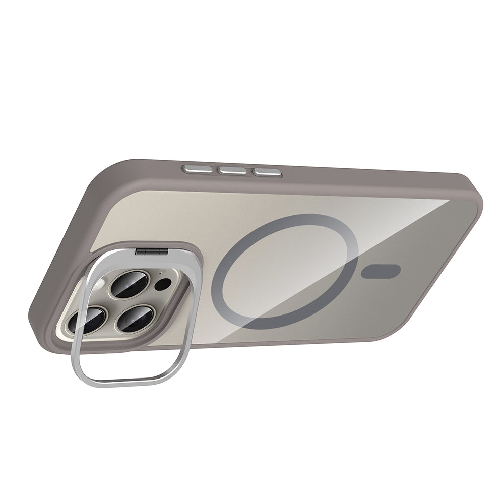 Apple iPhone 15 Pro Kılıf Standlı ve Kamera Lens Hediyeli M-Safe Şarj Özellikli Zore Etro Kapak Desert Titanyum