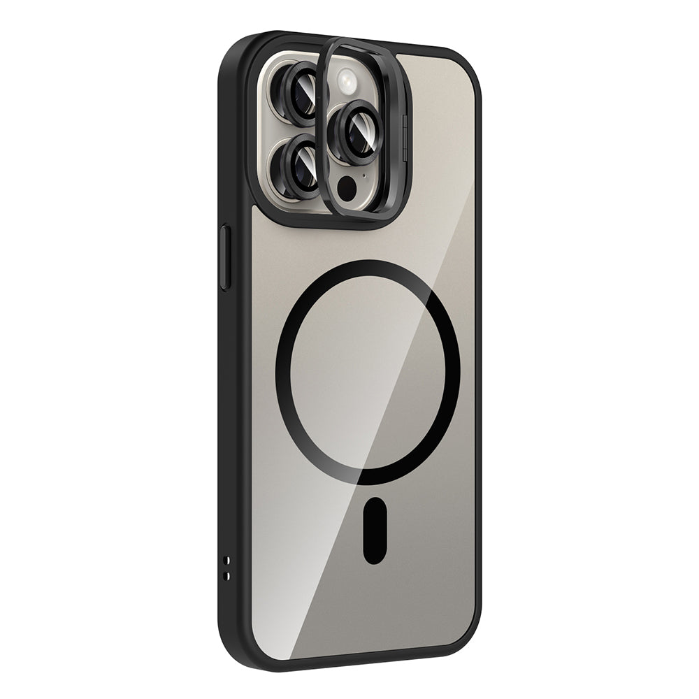 Apple iPhone 15 Pro Kılıf Standlı ve Kamera Lens Hediyeli M-Safe Şarj Özellikli Zore Etro Kapak Pembe