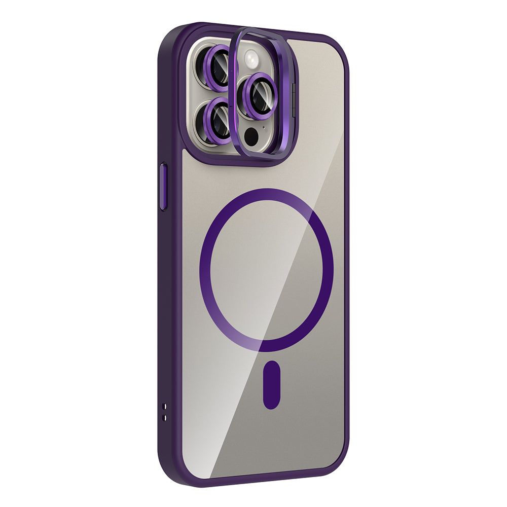 Apple iPhone 15 Pro Kılıf Standlı ve Kamera Lens Hediyeli M-Safe Şarj Özellikli Zore Etro Kapak Gri