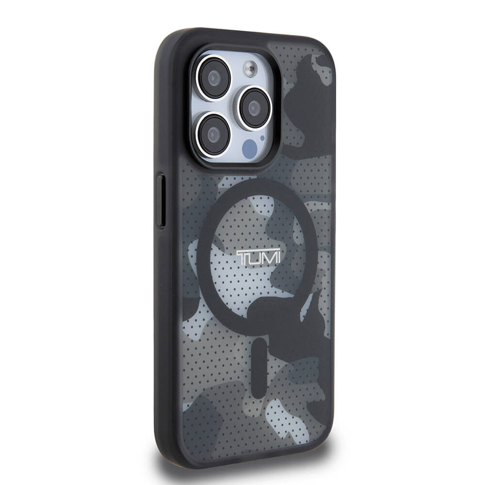 Apple iPhone 15 Pro Kılıf TUMI Orjinal Lisanslı Magsafe Şarj Özellikli Buzlanmış Saydam Ağ Kamuflajı Desenli Kapak Siyah