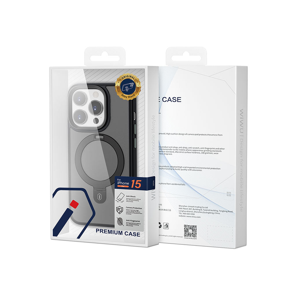 Apple iPhone 15 Pro Max Kılıf Wiwu ZMM-010 Magsafe Şarj Özellikli Mat Arka Yüzey Standlı Kapak Siyah