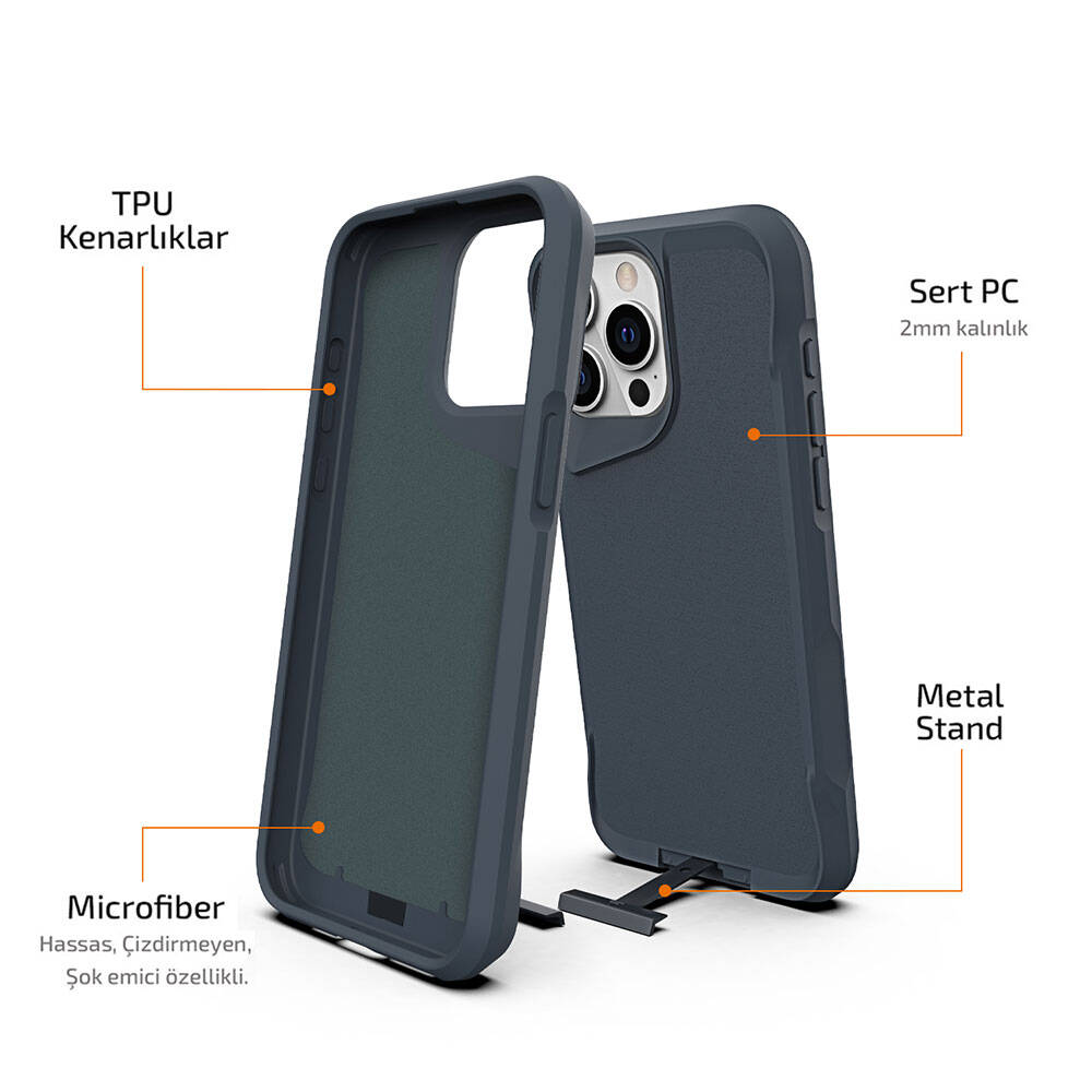 Apple iPhone 15 Pro Kılıf Zore Airbag Kenarlı T-Max Mat Standlı Kapak Lacivert