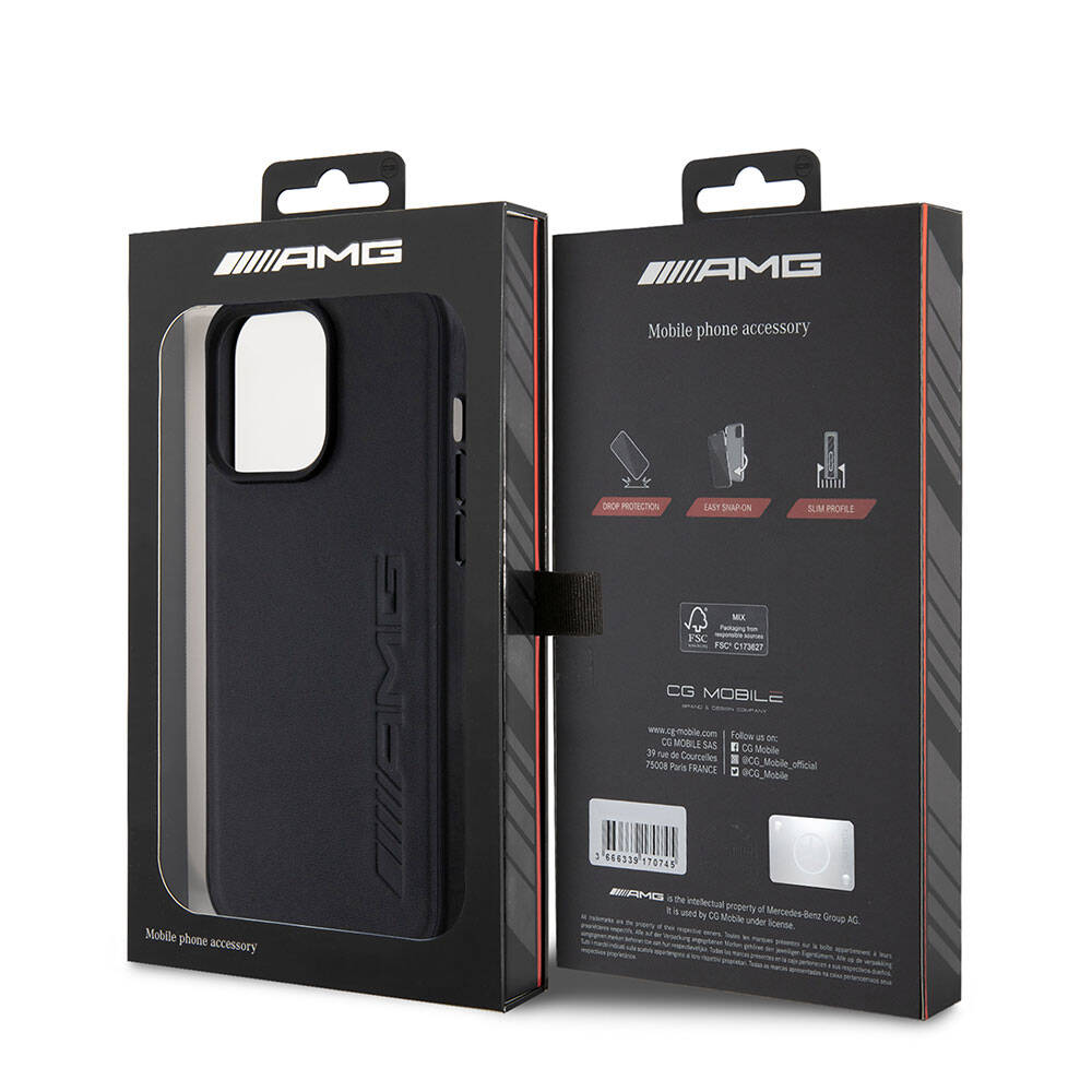 Apple iPhone 15 Pro Max Kılıf AMG Orjinal Lisanslı Magsafe Şarj Özellikli Deri Sıcak Damgalı Kapak Siyah