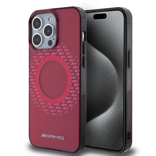 Apple iPhone 15 Pro Max Kılıf AMG Orjinal Lisanslı Magsafe Şarj Özellikli Eşkenar Dörtgen Desenli Transparan Kapak Kırmızı