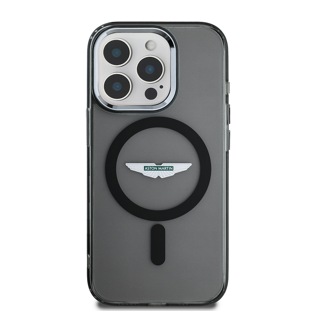 Apple iPhone 15 Pro Max Kılıf Aston Martin Orjinal Lisanslı M-safe Şarj Özellikli  IML Baskı Logolu Metal Düğmeli Kapak Siyah